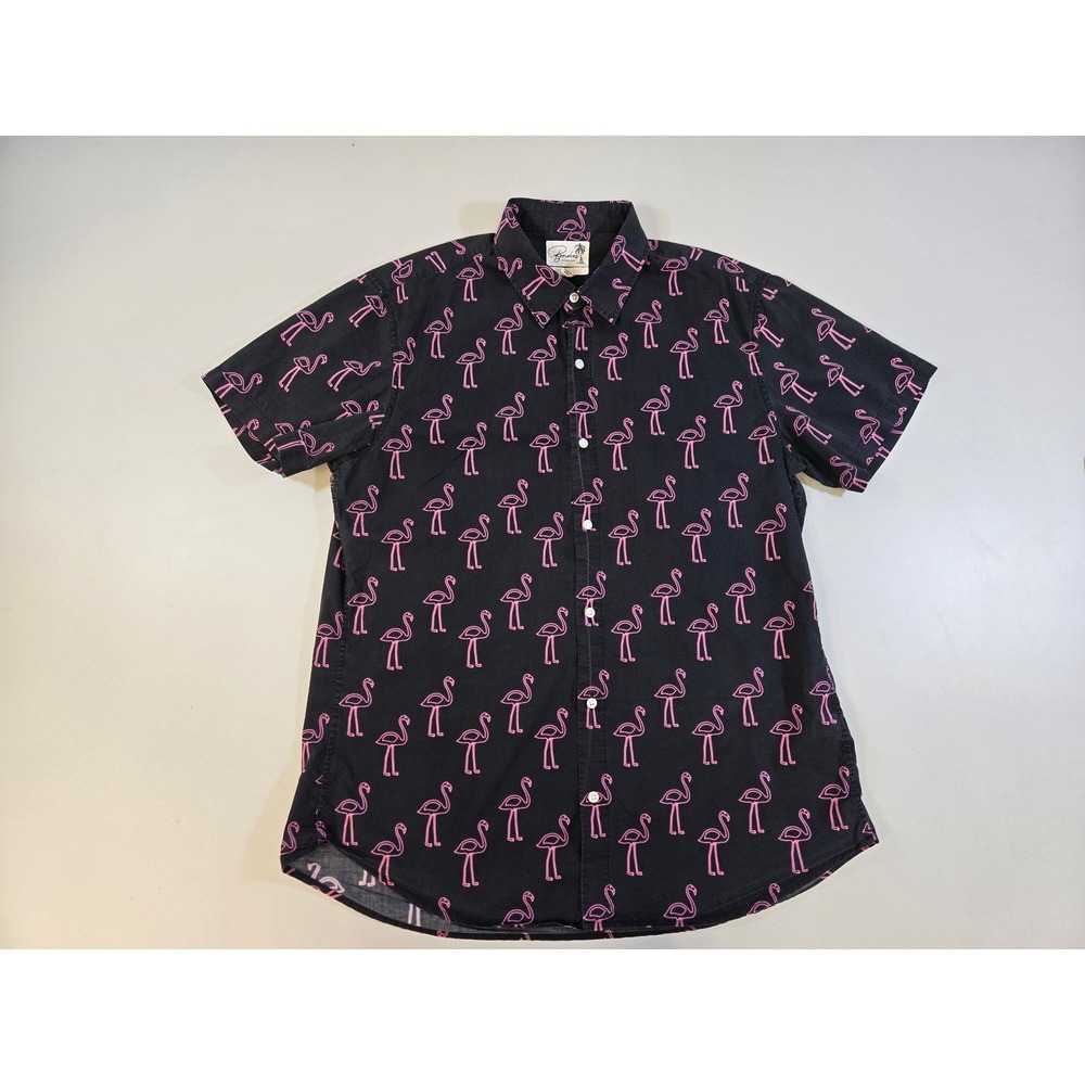 Bonobos Mens XL Slim Fit Pink Flamingo Print S/S Shirt Black Iron Line front